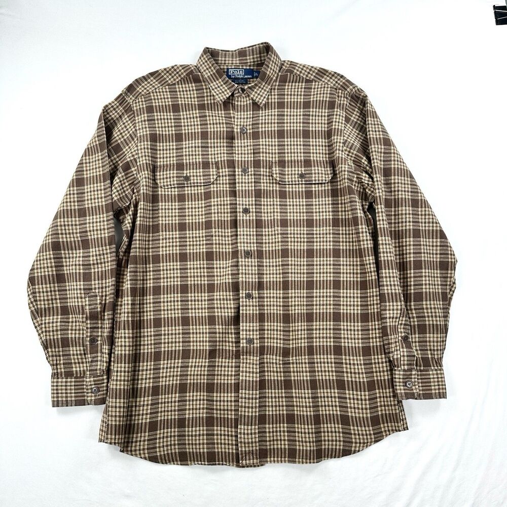 Polo Ralph Lauren Button Up GI Shirt Mens Large Brown Plaid Cotton Pockets